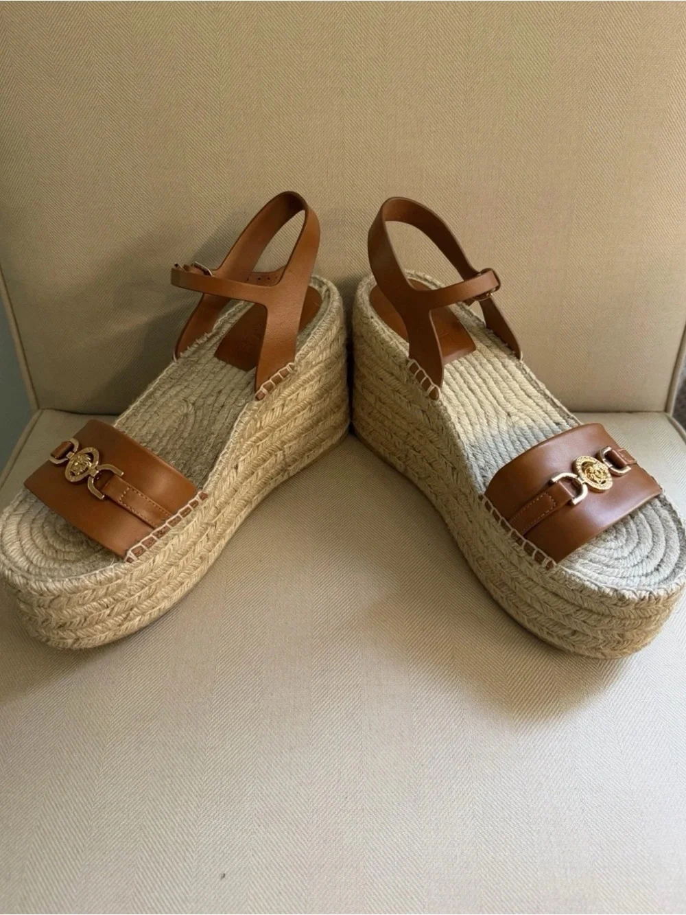 Versace Brown Leather Platform Espadrille Sandals with Gold Medusa Trim
